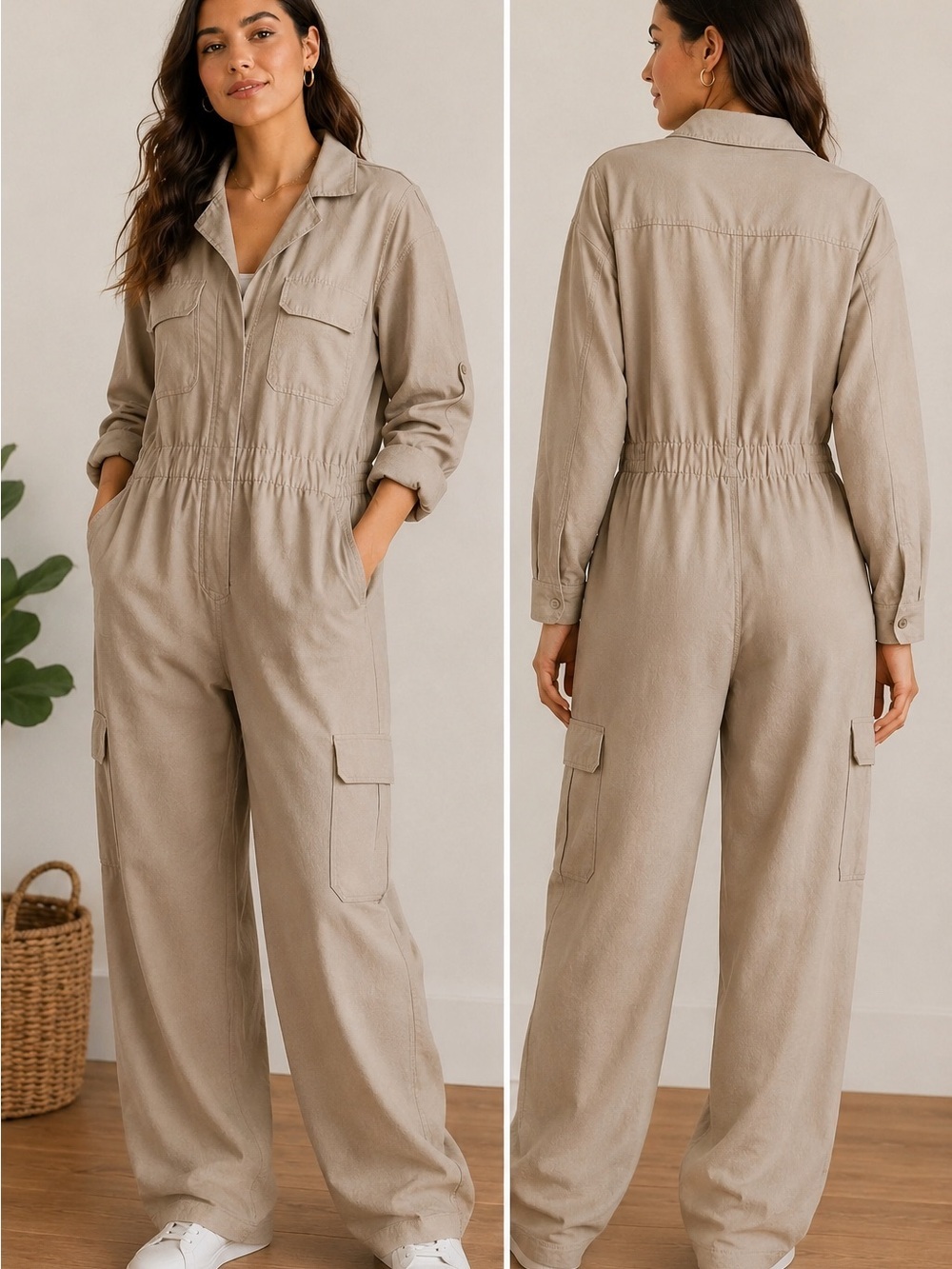 Martha Stewart Neutral Beige Utility Jumpsuit